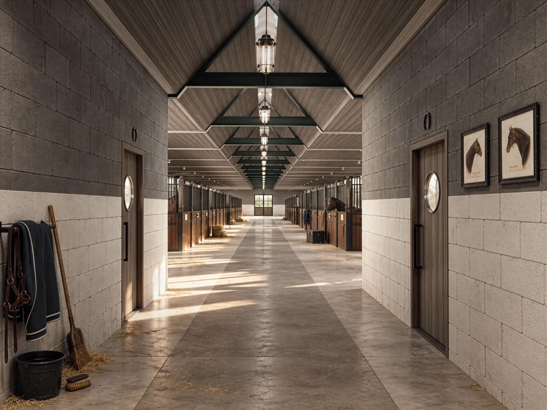 Central aisle of a reconstructed stable with timber stall fronts, two-tone masonry walls, steel roof trusses and low sunlight across a concrete floor