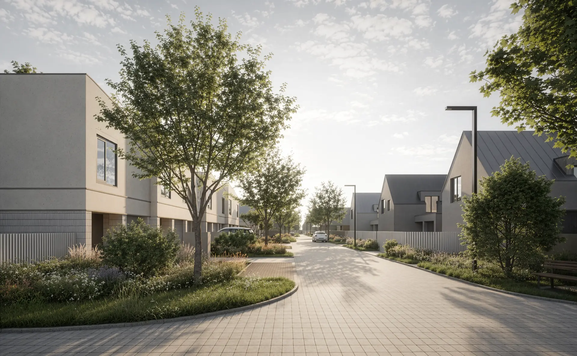 Area study for a quiet residential street in Dvory lined with minimalist pale masonry houses, young trees and paved frontages