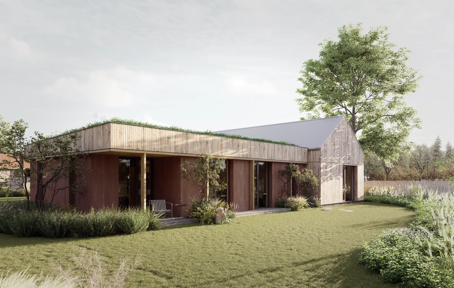 Low timber and rammed-earth house with a green roof, set in a garden